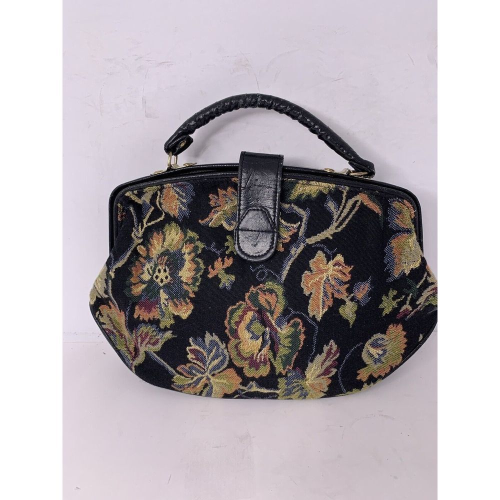 Vintage Tapestry Purse‎ Black With Floral Pattern